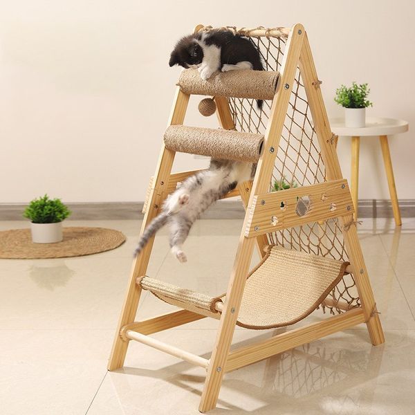 Игровой комплекс-лазалка 3в1 для кошек с лежанкой TOWER. Кошачий игровой домик с гамаком, когтеточкой, сеткой для лазания TOWER-1 фото